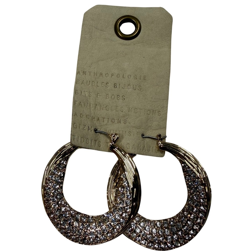 Anthropologie Baubles Bijous Gold Tone Pave Rhinestone Crescent Hoop Earrings